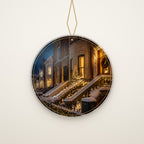 Christmas Eve on a Chicago Block Christmas Ornament hanging on a gold cord, ivory backdrop