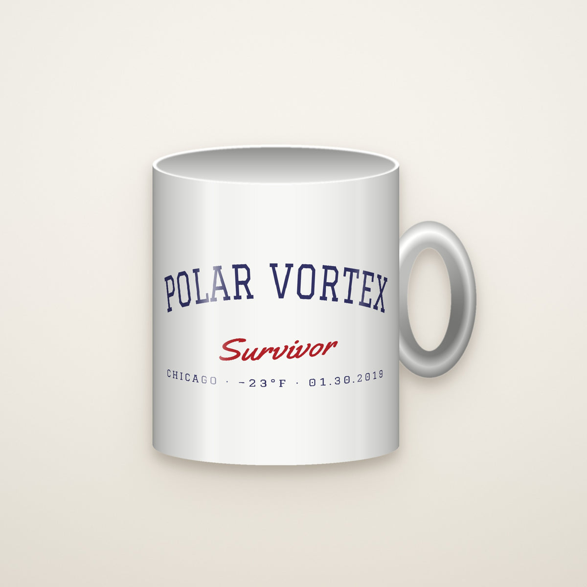 Polar Vortex Survivor Coffee Mug, White on an ivory backdrop