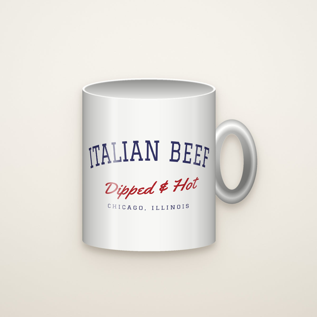 Italian Beef Dipped & Hot Coffee Mug, White on an ivory backdrop