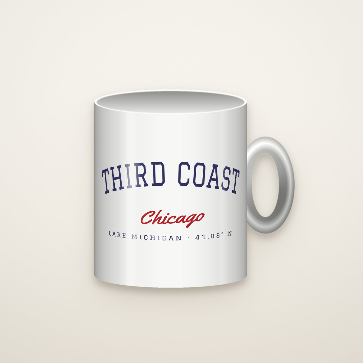The Third Coast Coffee Mug, White on an ivory backdrop