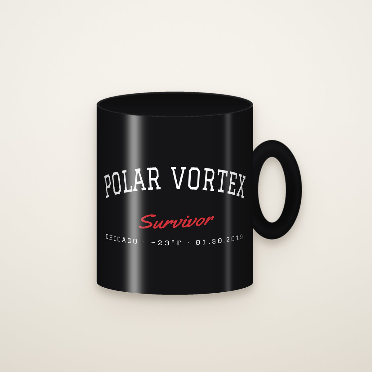 Polar Vortex Survivor Coffee Mug, Black on an ivory backdrop