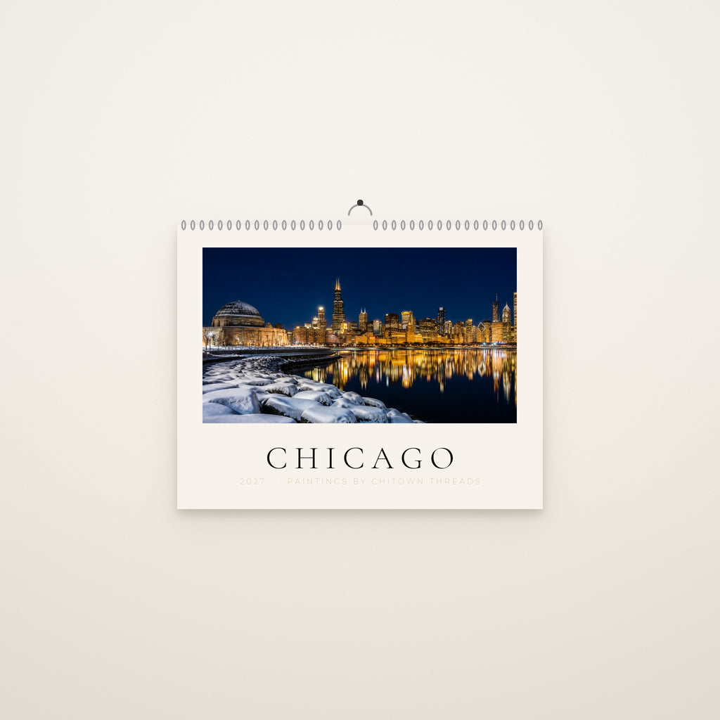 Chicago 2027 wall calendar cover: winter skyline from Adler Planetarium