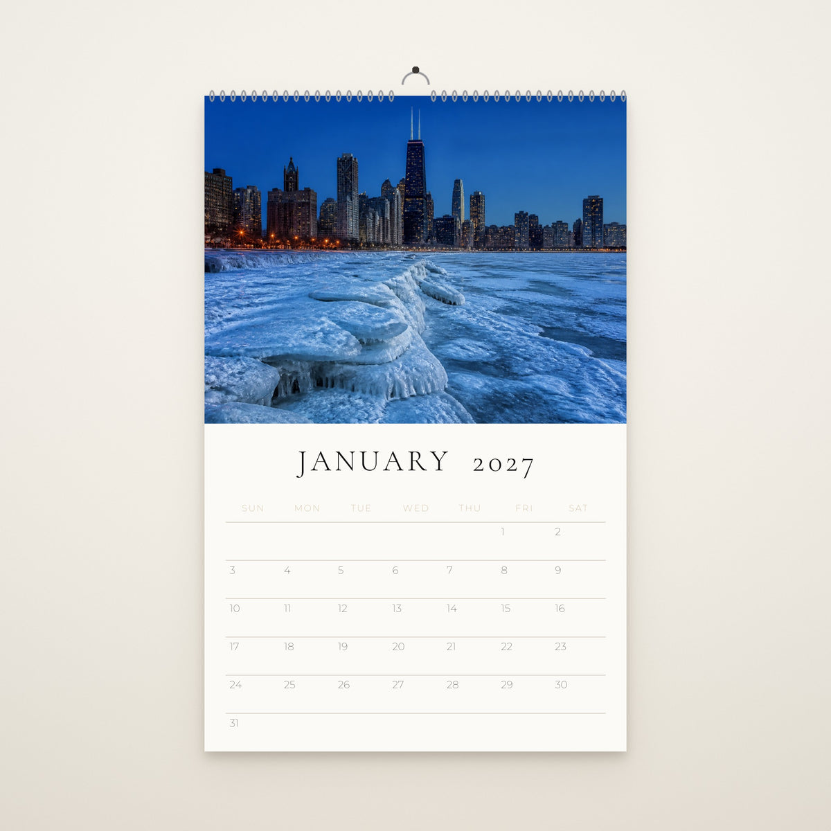 January page of the Chicago 2027 wall calendar: frozen lakefront painting