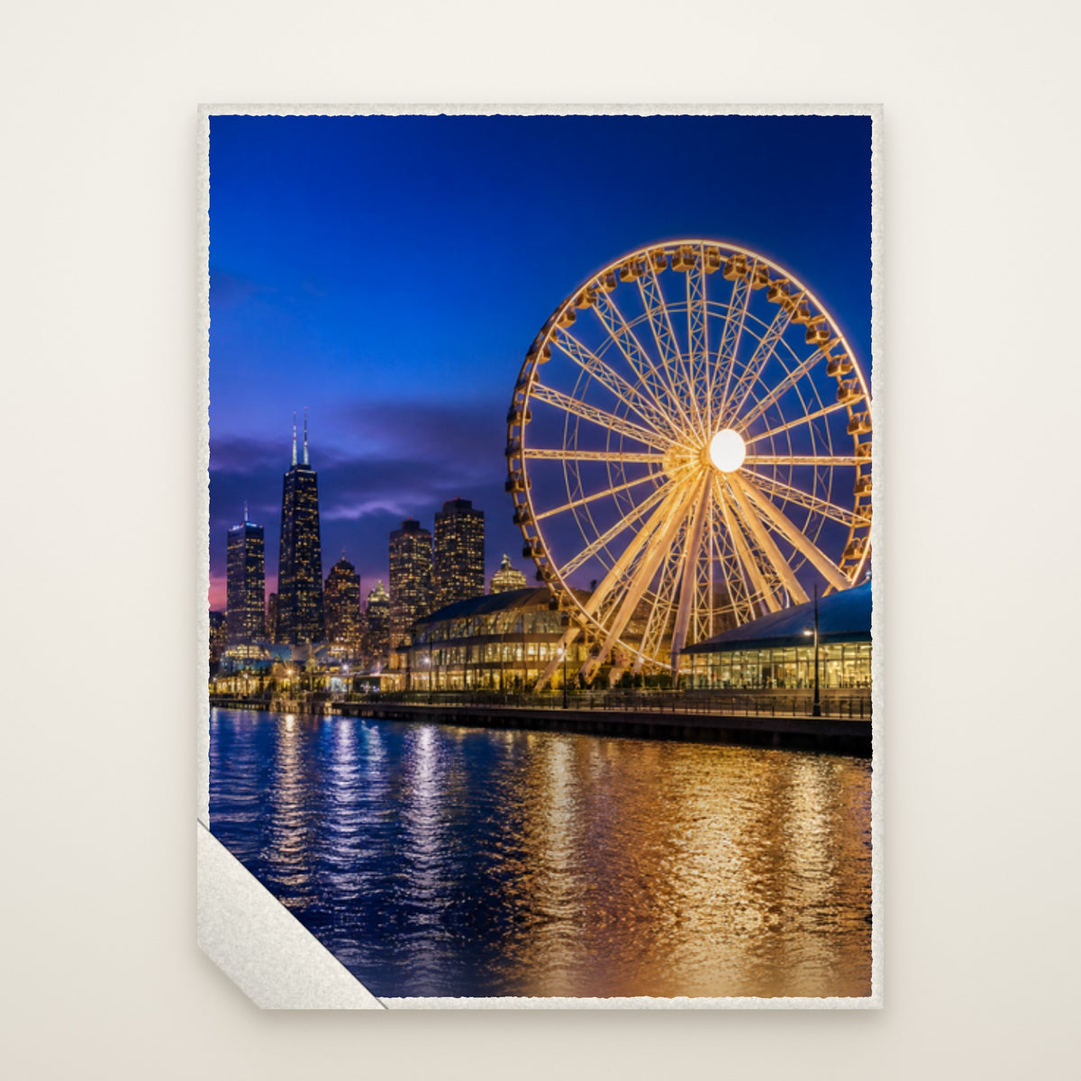 Navy Pier Sherpa Fleece Blanket laid flat, painting upright, sherpa corner turned back