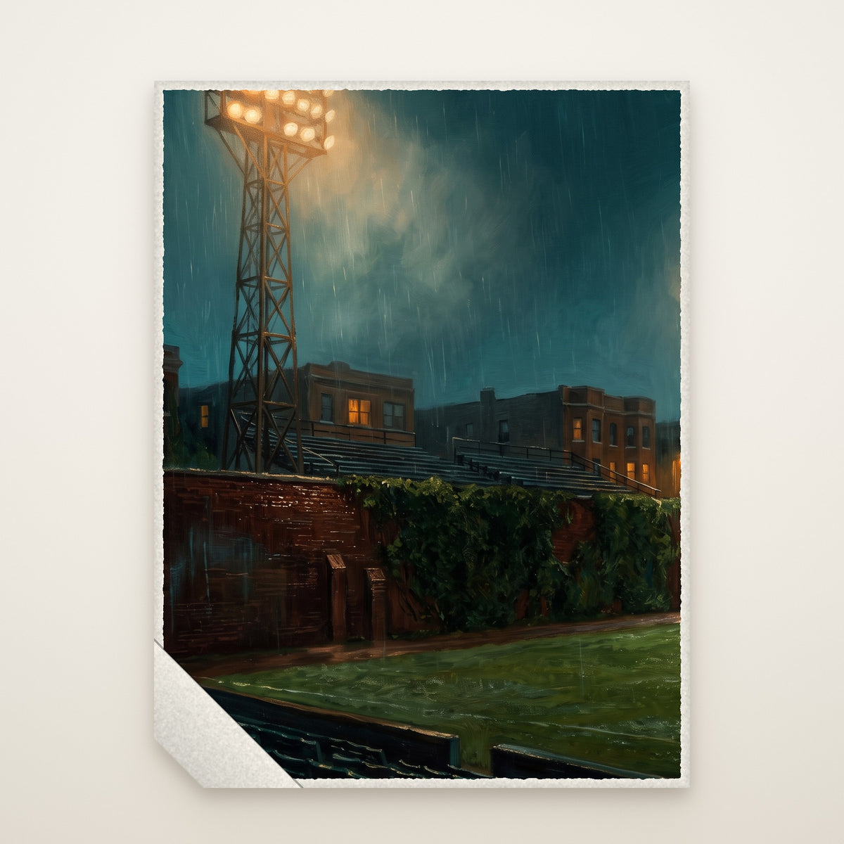 North Side Ballpark Sherpa Fleece Blanket laid flat, painting upright, sherpa corner turned back