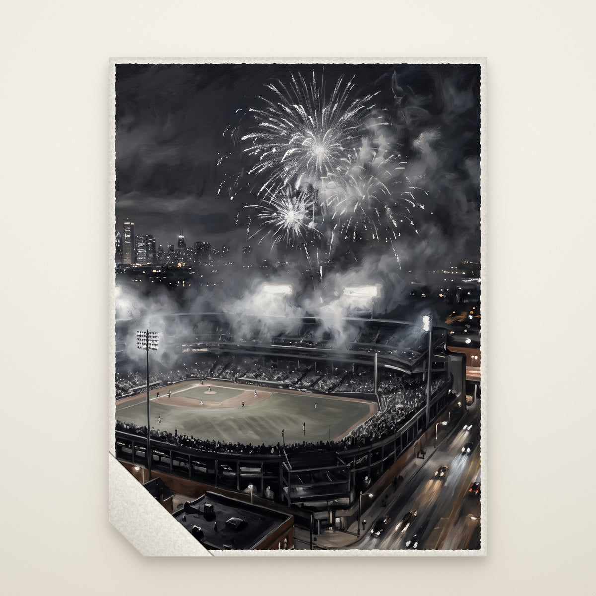 South Side Ballpark Sherpa Fleece Blanket laid flat, painting upright, sherpa corner turned back
