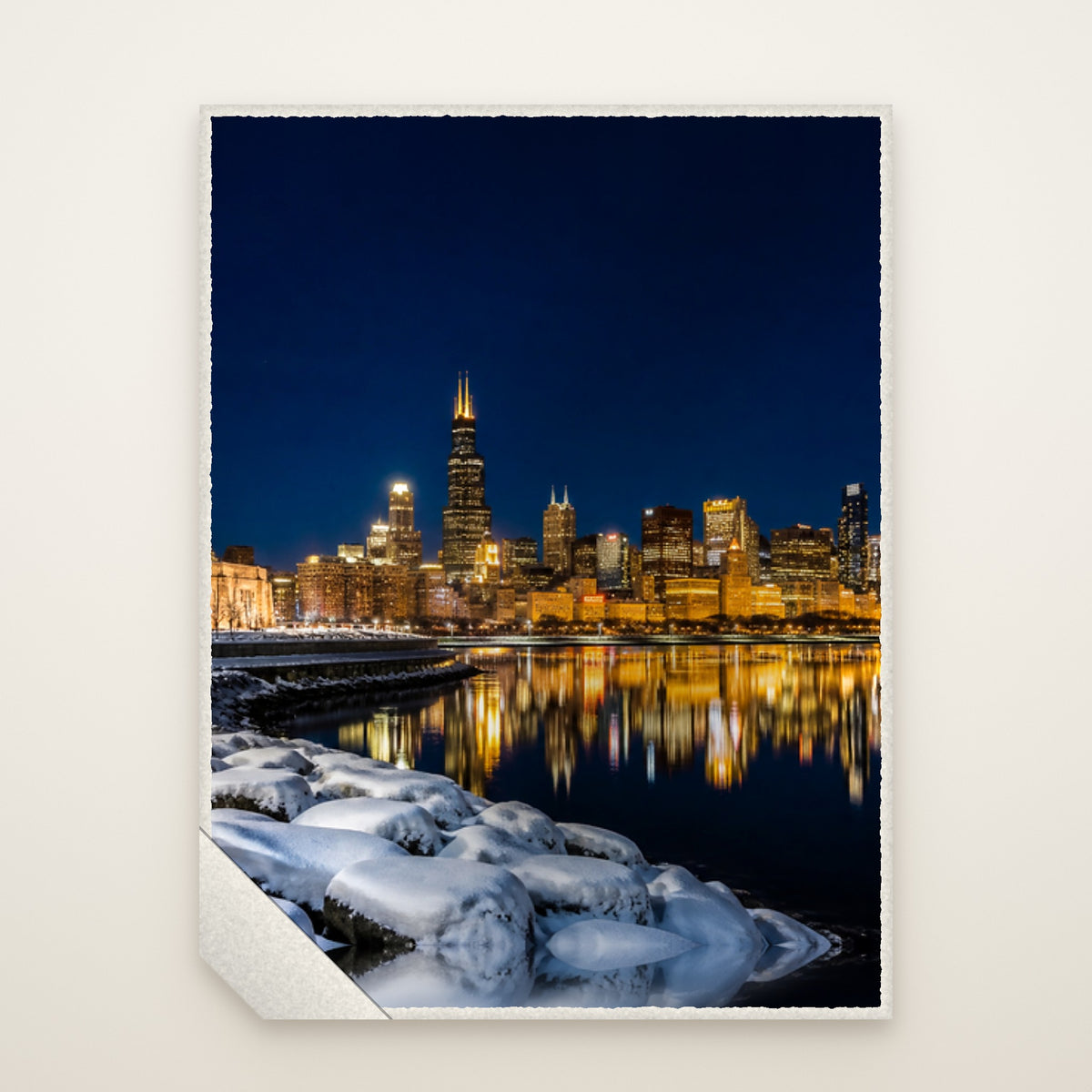 Winter Skyline from Adler Sherpa Fleece Blanket laid flat, painting upright, sherpa corner turned back