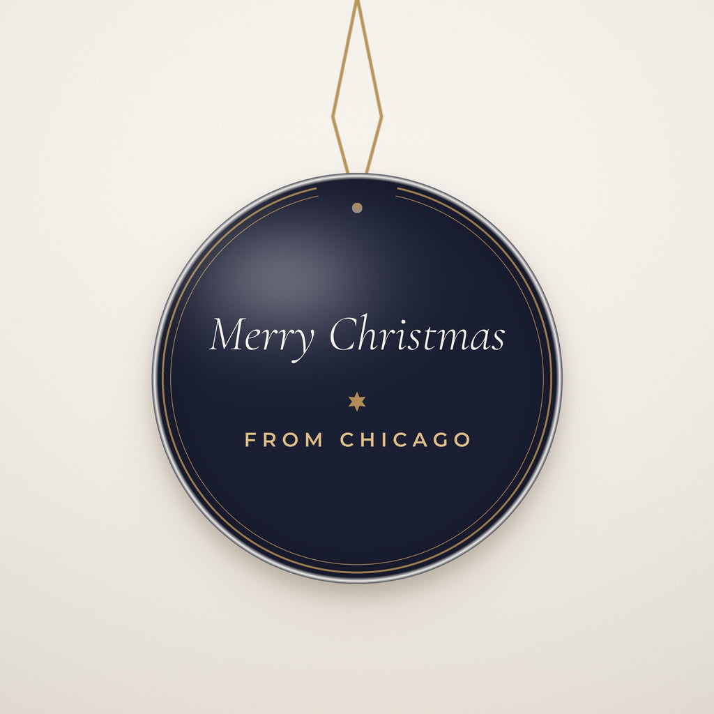 Back of the ornament: Merry Christmas from Chicago in gold on navy