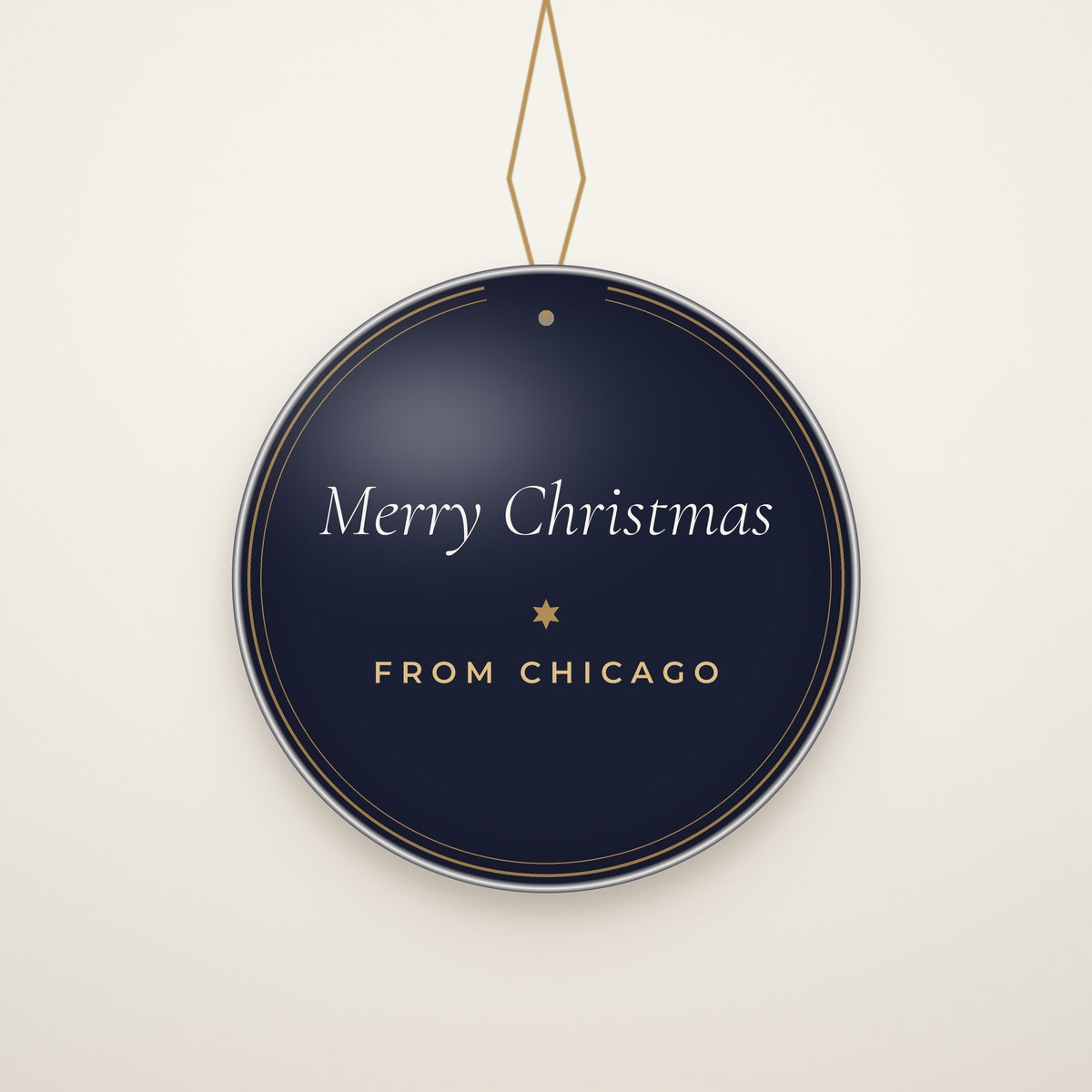 Back of the ornament: Merry Christmas from Chicago in gold on navy