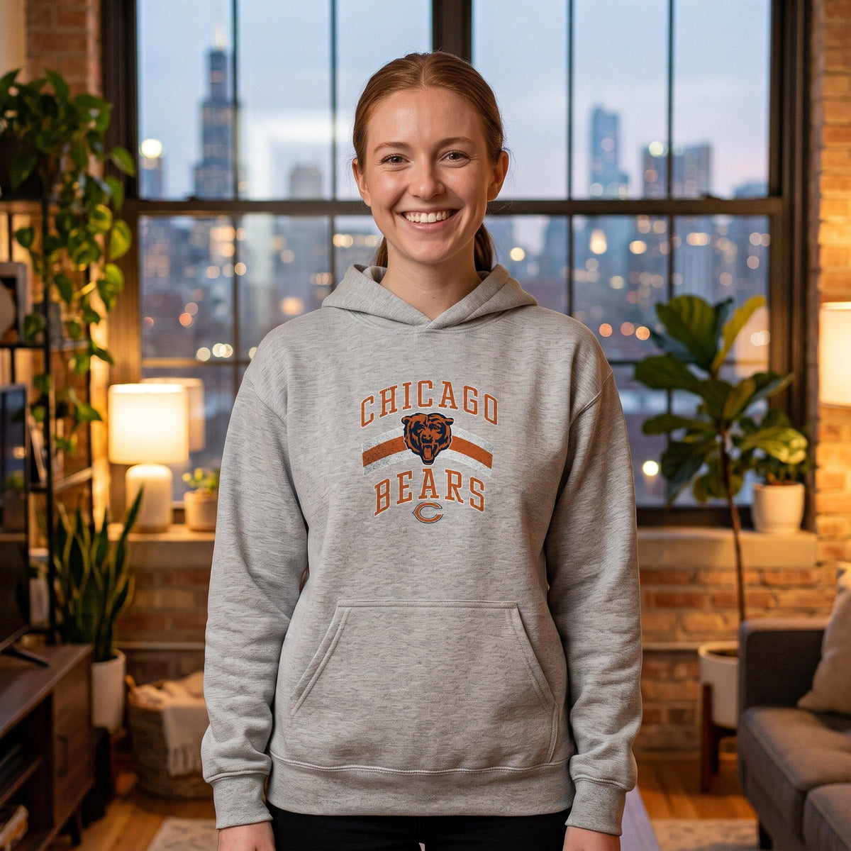 Chicago Bears retro hoodie in sport grey in a Chicago loft apartment