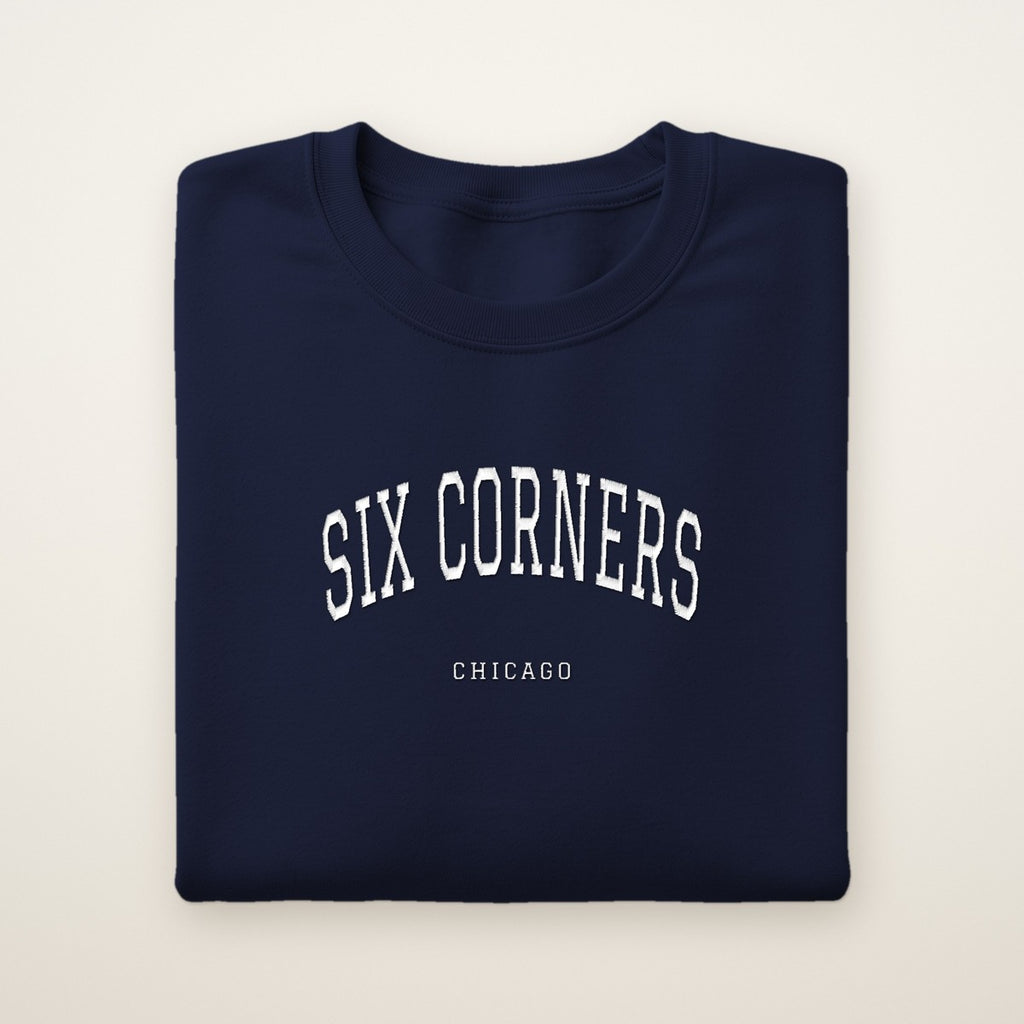 Six Corners Chicago Embroidered Crewneck — White Thread