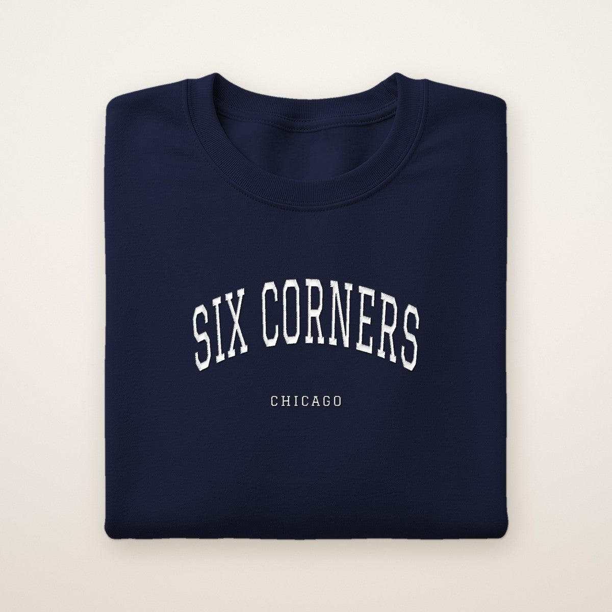 Six Corners Chicago Embroidered Crewneck — White Thread