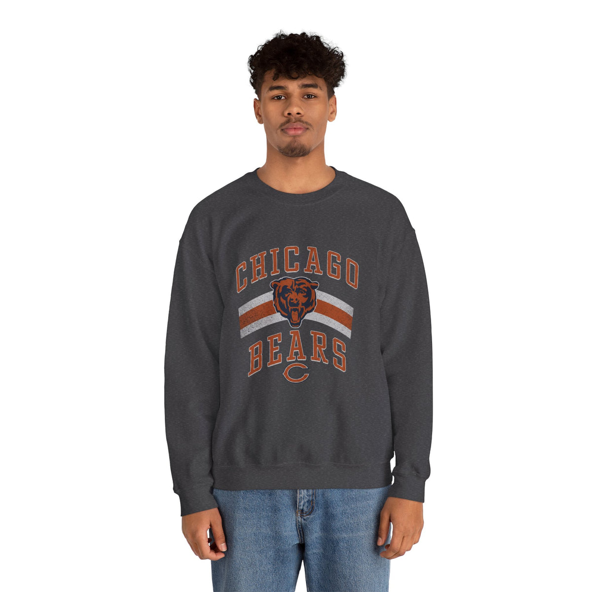 Chicago Bears retro crewneck sweatshirt in dark heather, front view on a model