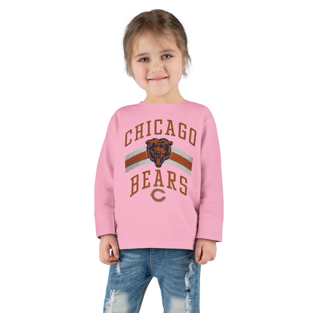 Toddler wearing the Vintage Chicago Bears toddler long-sleeve tee in pink