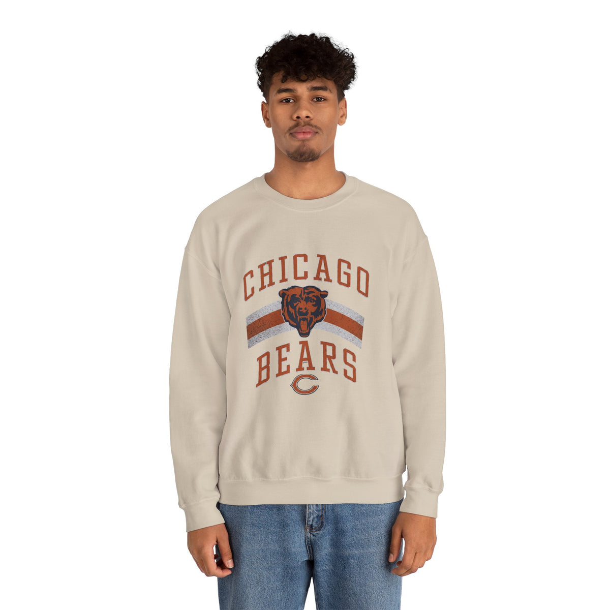 Chicago Bears retro crewneck sweatshirt in sand, front view on a model