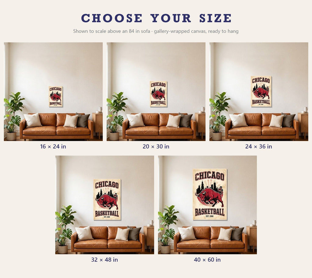 Canvas size chart from 16x24 to 40x60 inches shown above a sofa