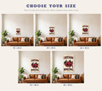 Canvas size chart from 16x24 to 40x60 inches shown above a sofa