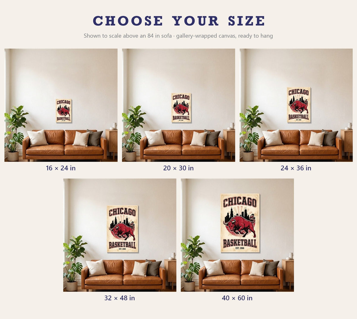 Canvas size chart from 16x24 to 40x60 inches shown above a sofa