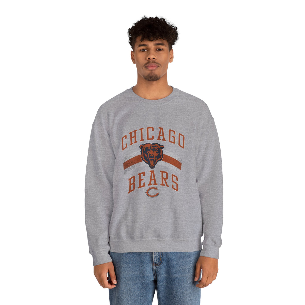 Chicago Bears retro crewneck sweatshirt in sport grey, front view on a model