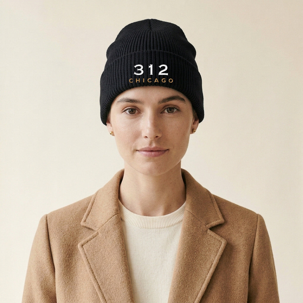 Model wearing the 312 Chicago Embroidered Cuffed Beanie in Black