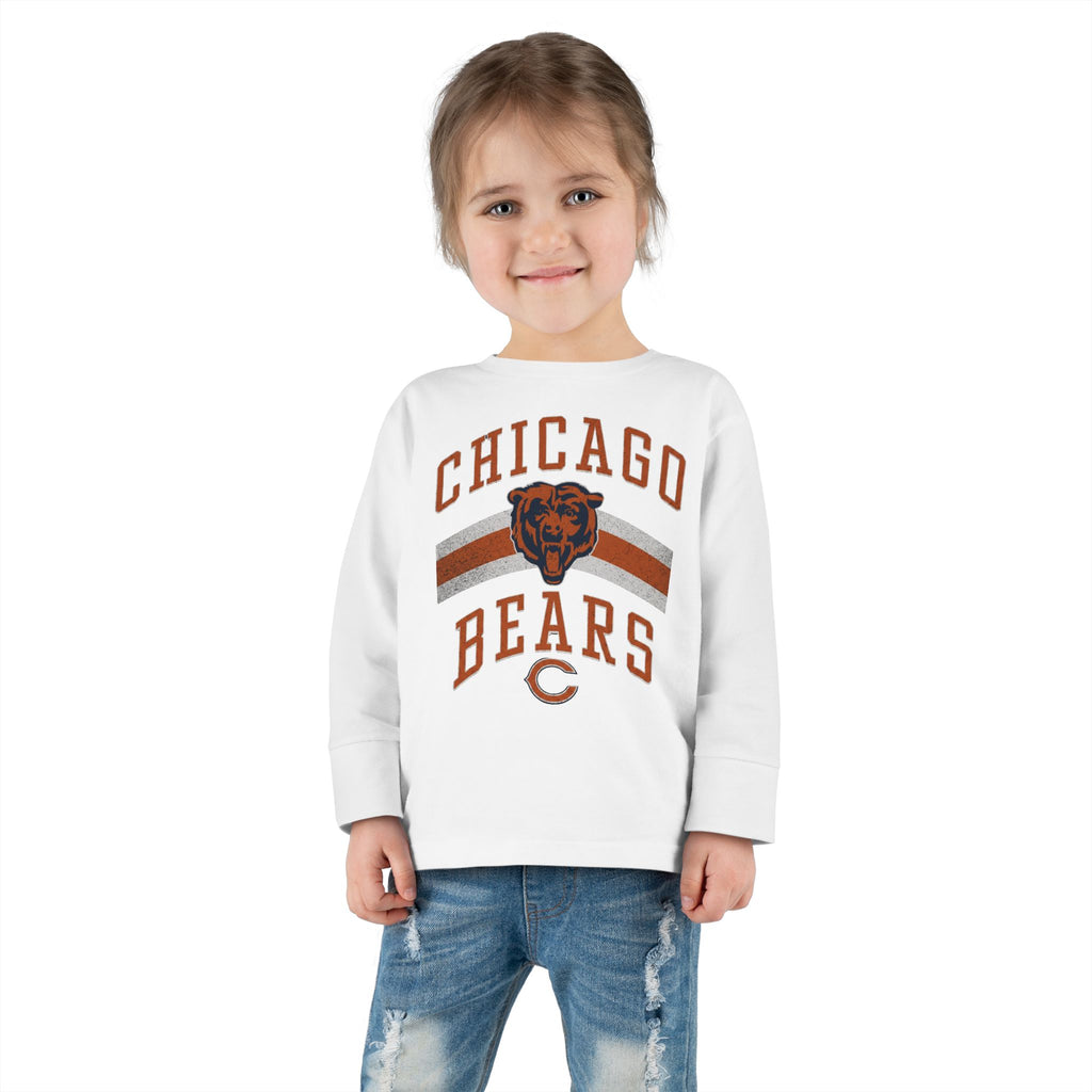 Toddler wearing the Vintage Chicago Bears toddler long-sleeve tee in white