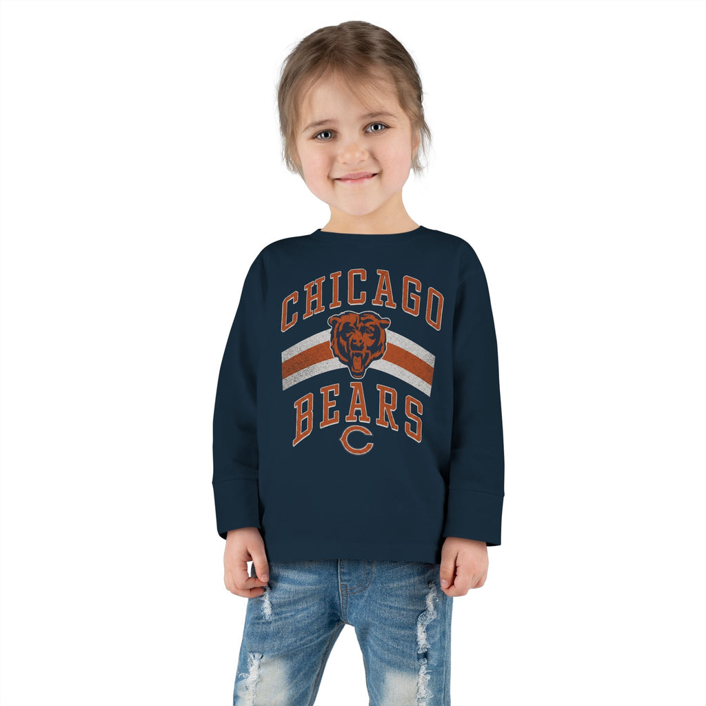 Toddler wearing the Vintage Chicago Bears toddler long-sleeve tee in navy