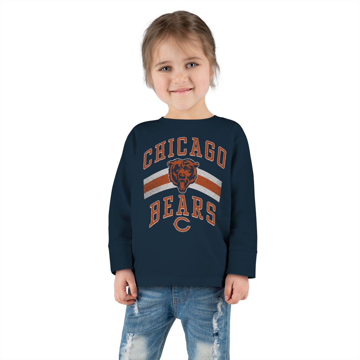 Toddler wearing the Vintage Chicago Bears toddler long-sleeve tee in navy