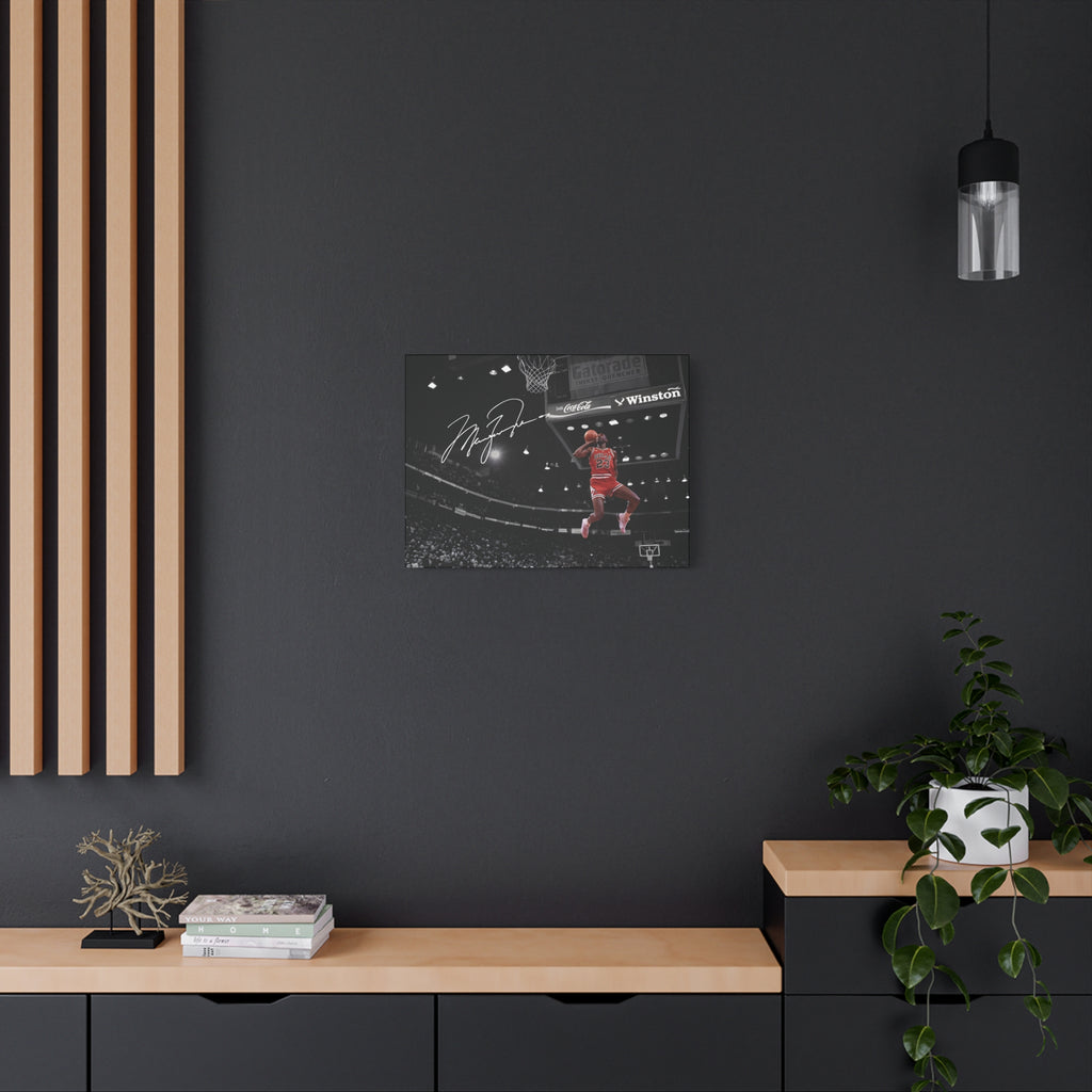 Michael Jordan slam dunk canvas wall art, small size on a charcoal wall with wood slats