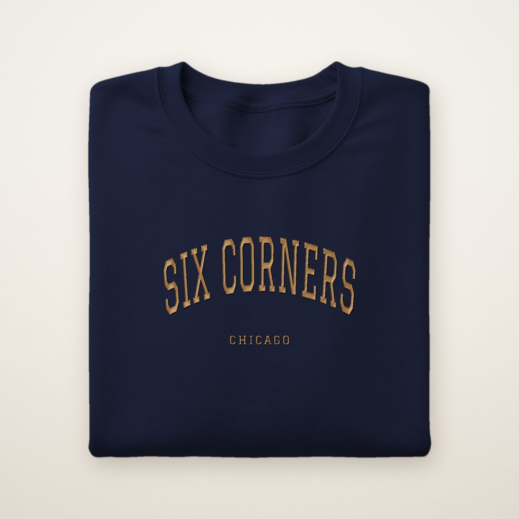 Six Corners Chicago Embroidered Crewneck — Gold Thread