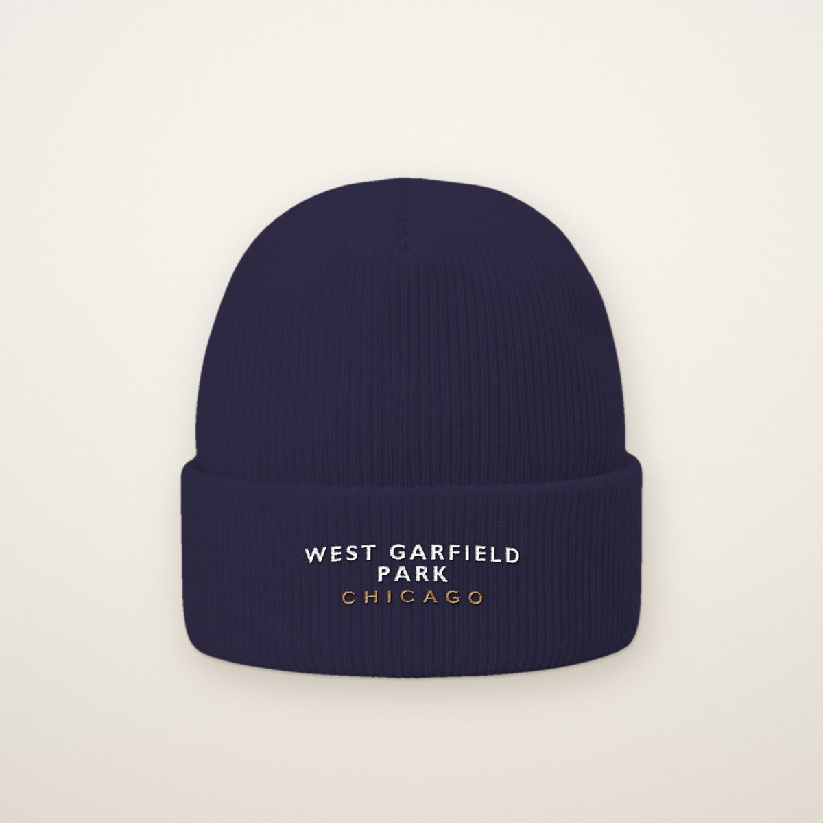 West Garfield Park Chicago Embroidered Cuffed Beanie — White Thread