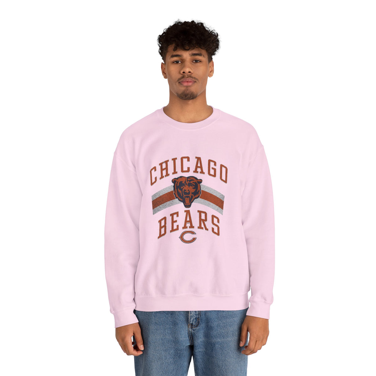 Chicago Bears retro crewneck sweatshirt in light pink, front view on a model