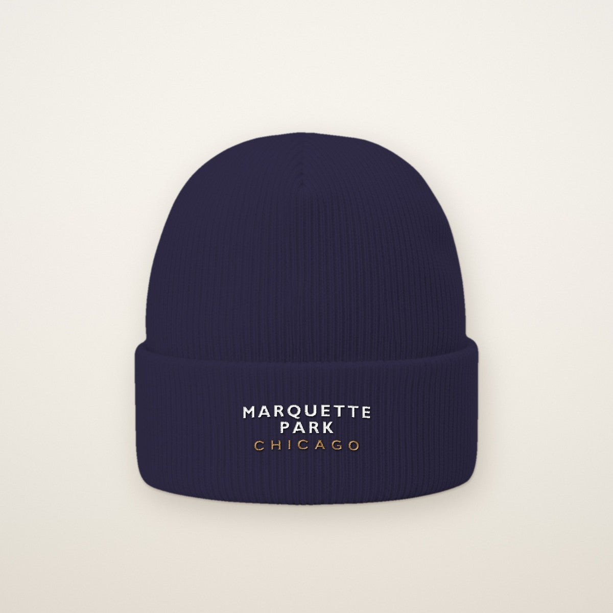 Marquette Park Chicago Embroidered Cuffed Beanie — White Thread