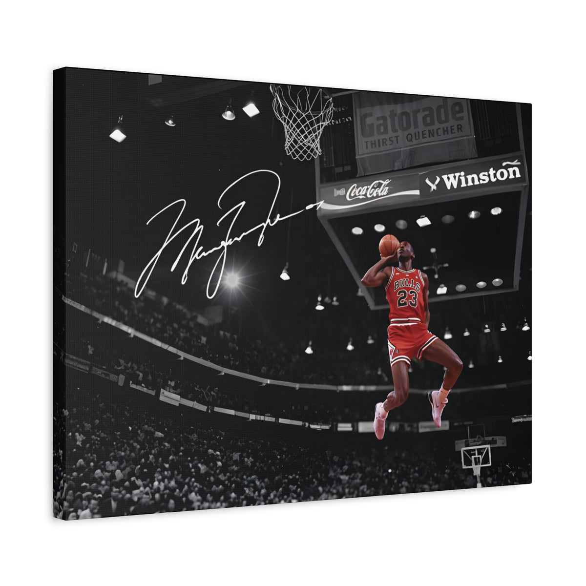 Michael Jordan slam dunk canvas wall art, angled view showing the gallery-wrapped edge