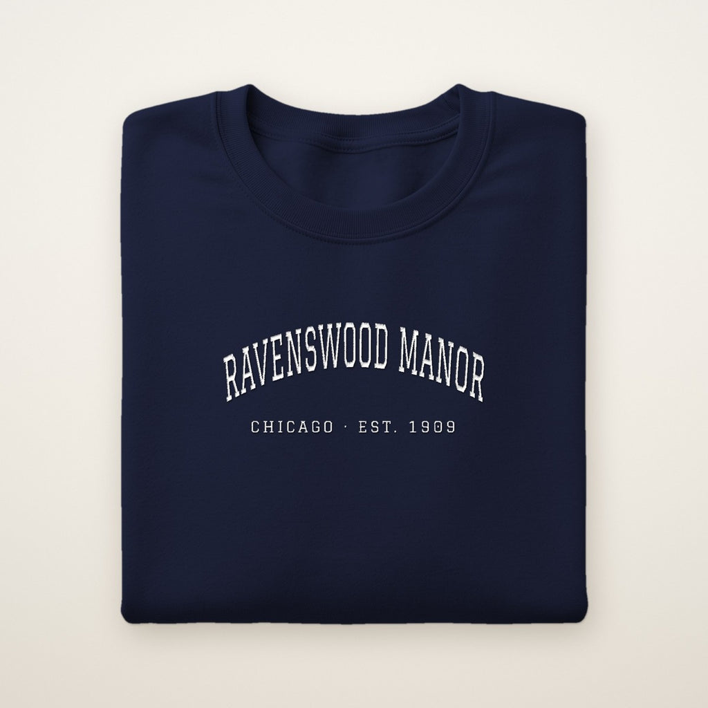 Ravenswood Manor Chicago Embroidered Crewneck — White Thread