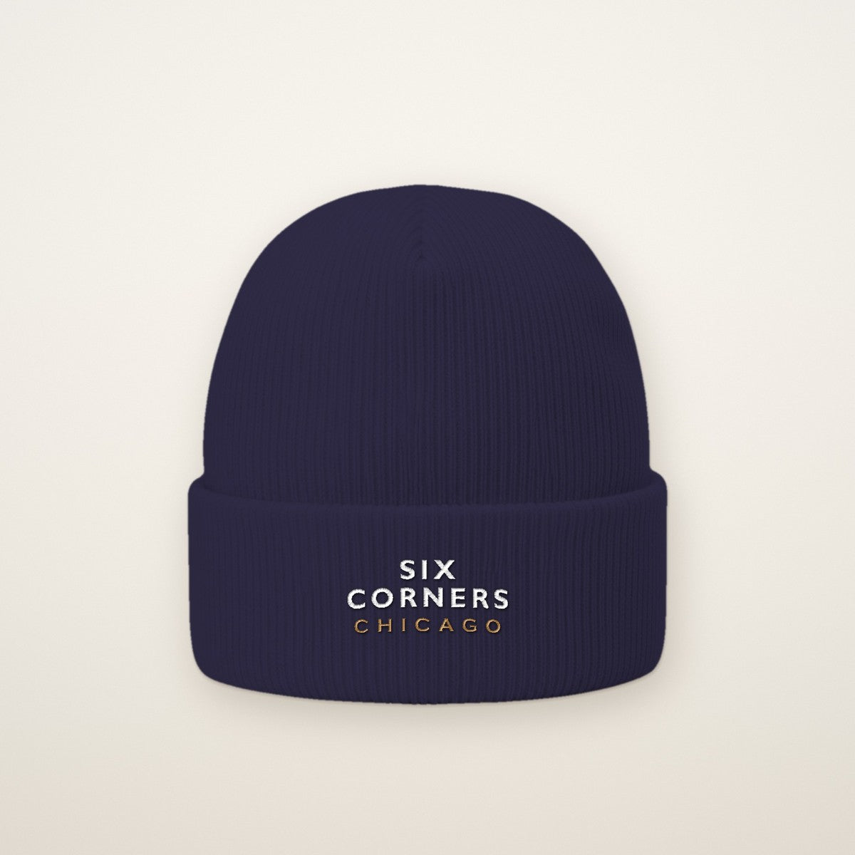 Six Corners Chicago Embroidered Cuffed Beanie — White Thread