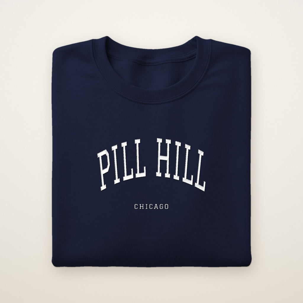 Pill Hill Chicago Embroidered Crewneck — White Thread