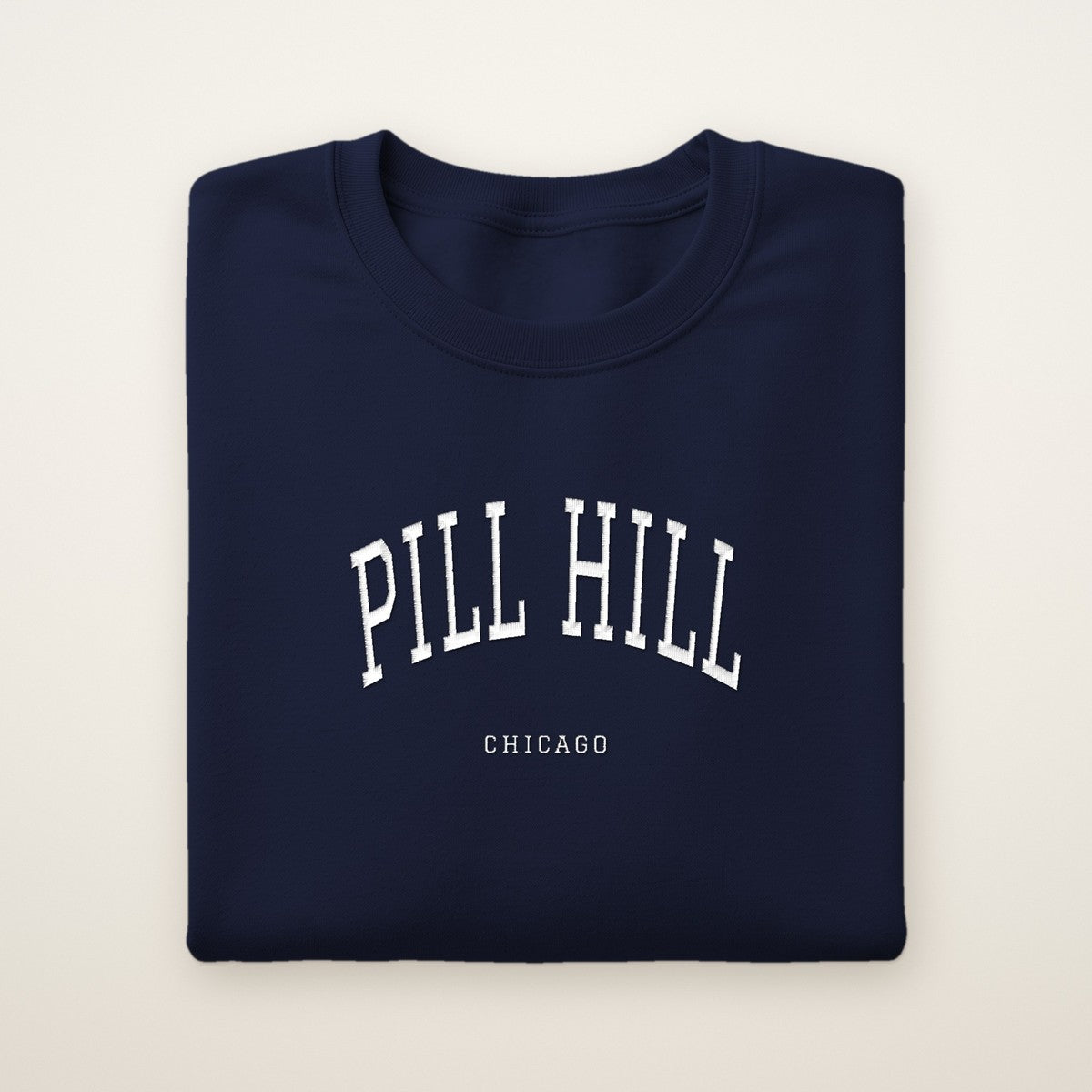 Pill Hill Chicago Embroidered Crewneck — White Thread