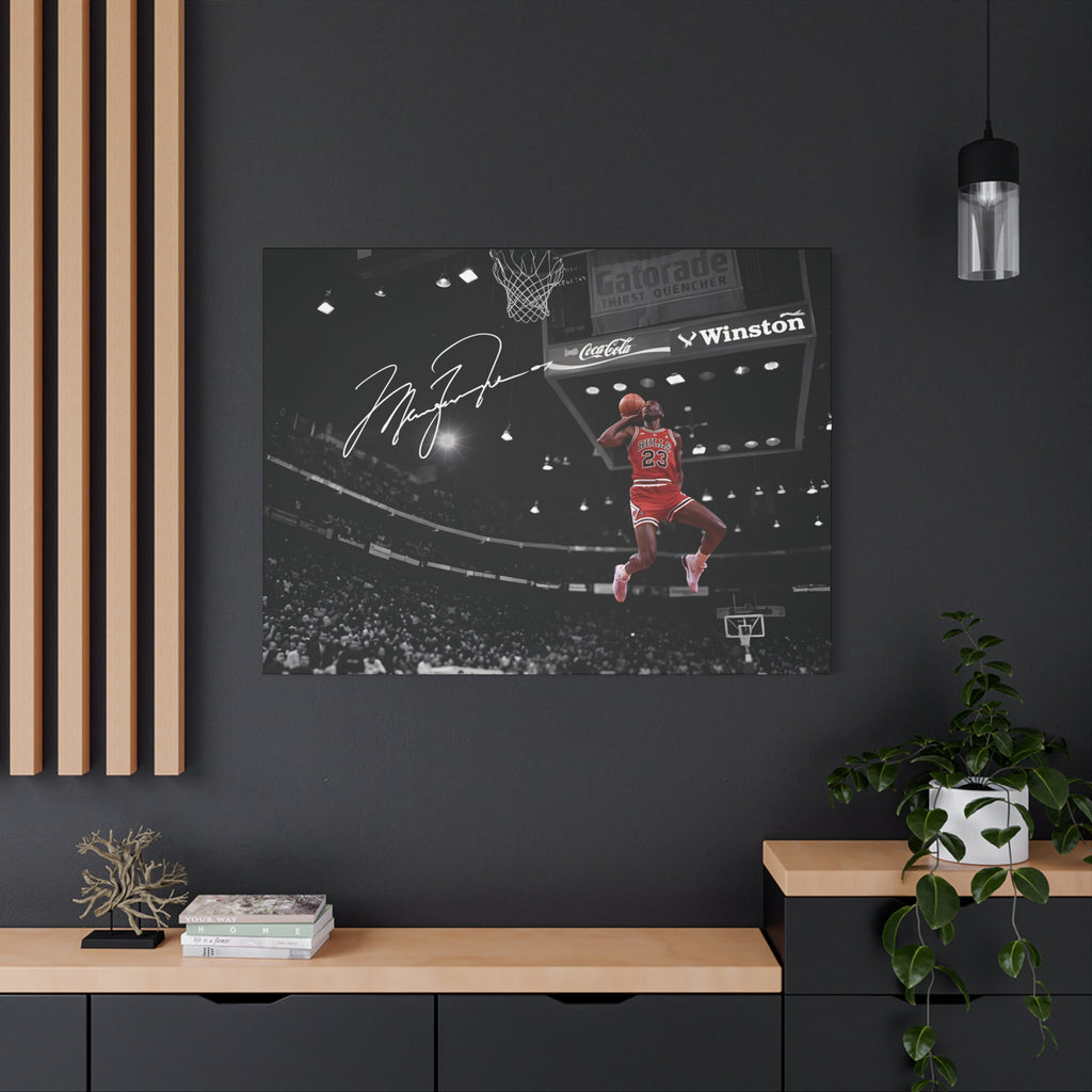 Michael Jordan slam dunk canvas wall art, large size on a charcoal wall with wood slats