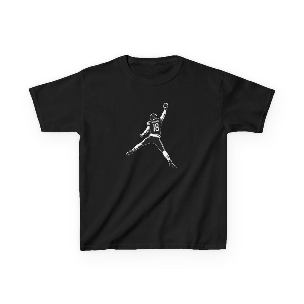 Youth Caleb Williams Jump Man t-shirt in black, front view