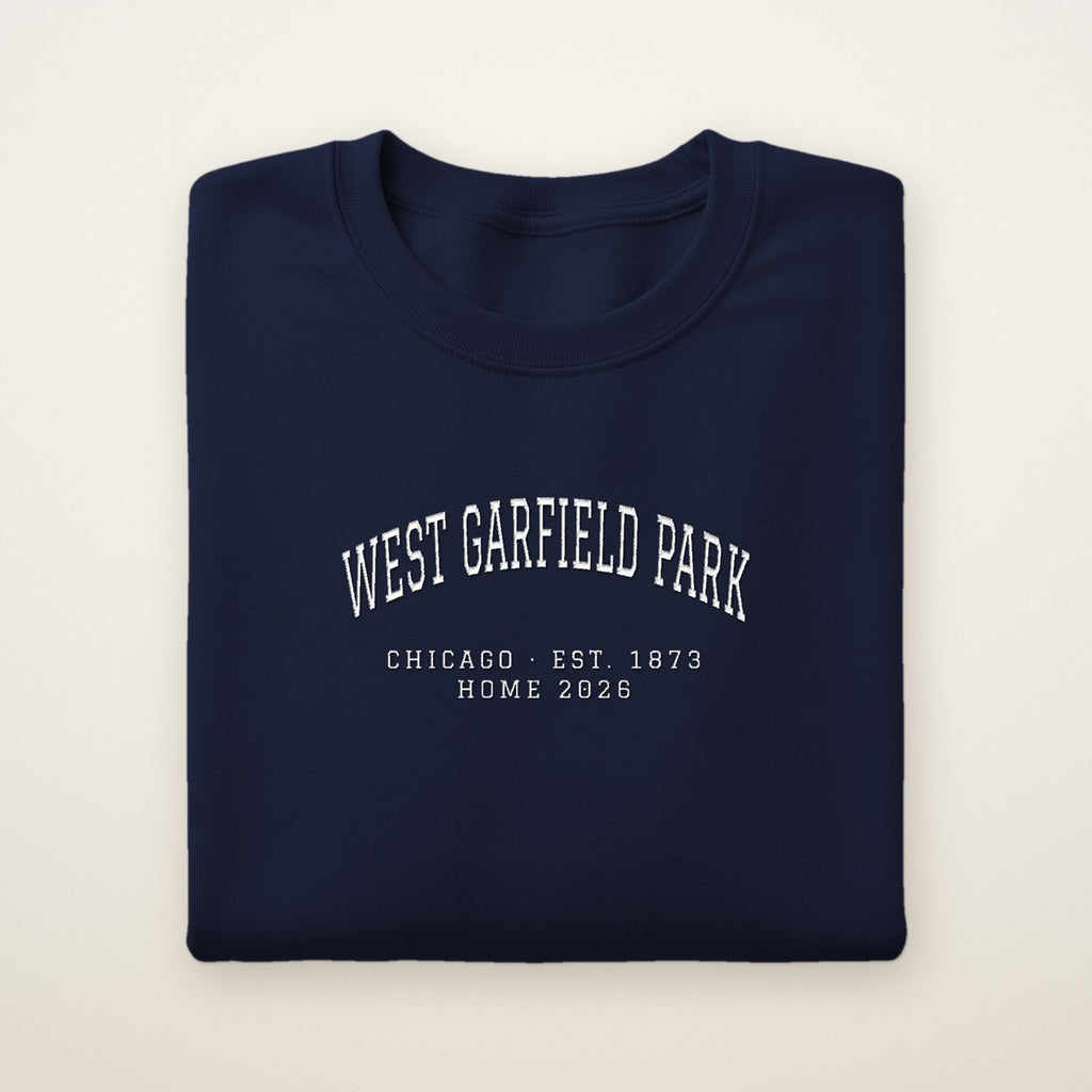 West Garfield Park Chicago Home 2026 Embroidered Crewneck — White Thread