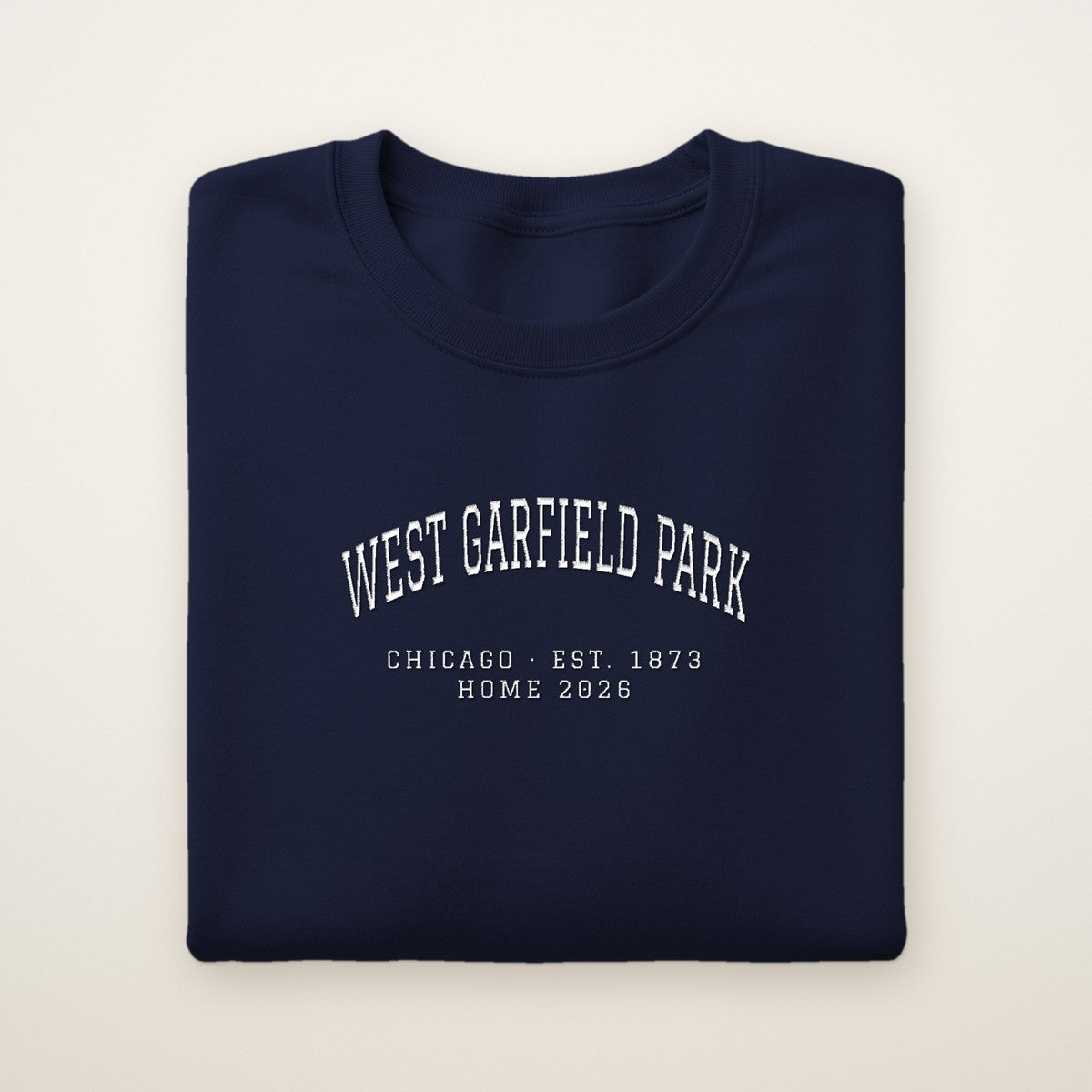West Garfield Park Chicago Home 2026 Embroidered Crewneck — White Thread
