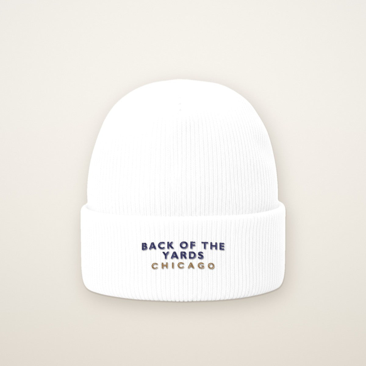Back of the Yards Chicago Embroidered Cuffed Beanie — Navy Thread