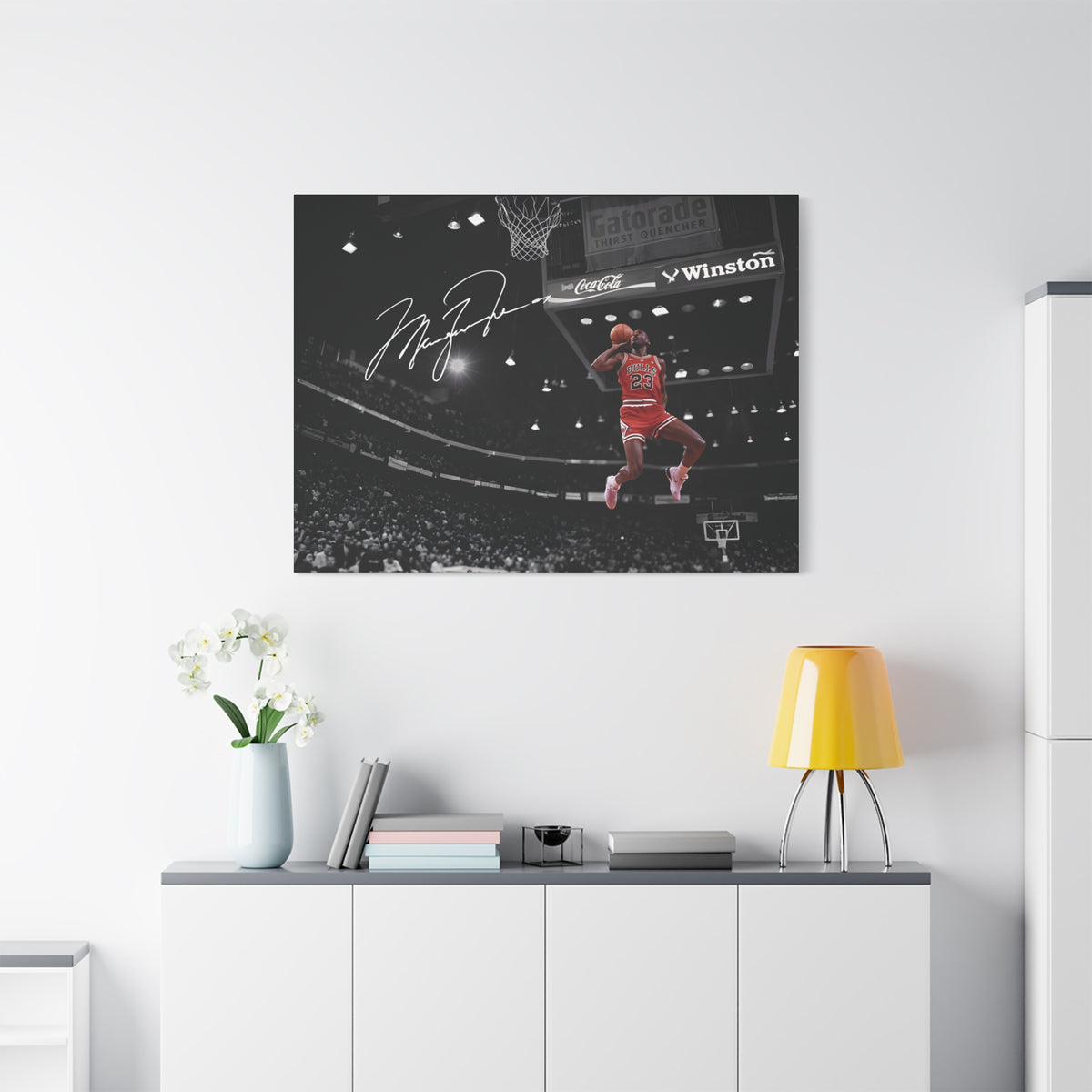 Michael Jordan slam dunk canvas wall art, large size on a white wall above a sideboard