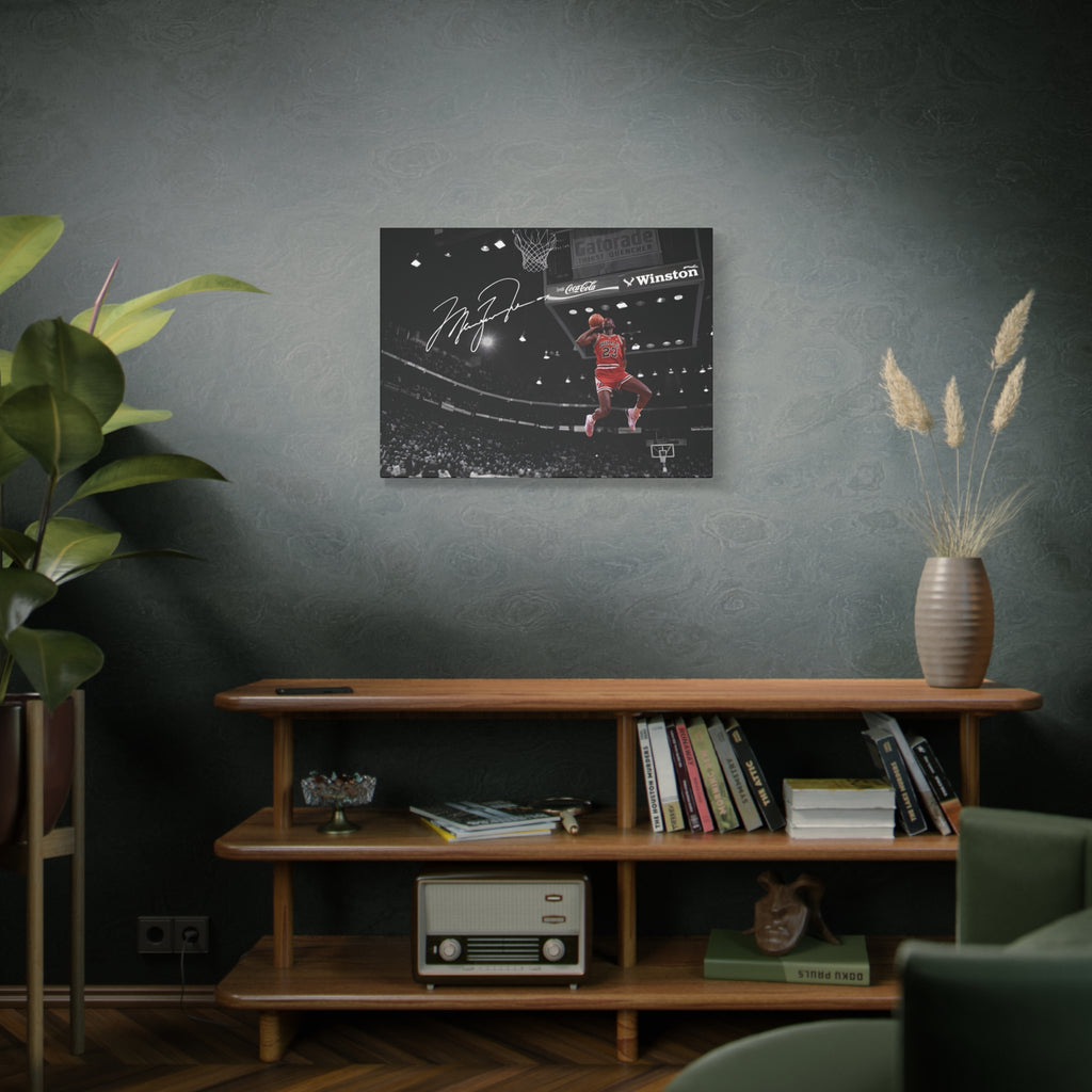 Michael Jordan slam dunk canvas wall art, medium size on a green wall above a bookshelf