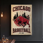 Chicago Basketball vintage bull canvas in a home bar