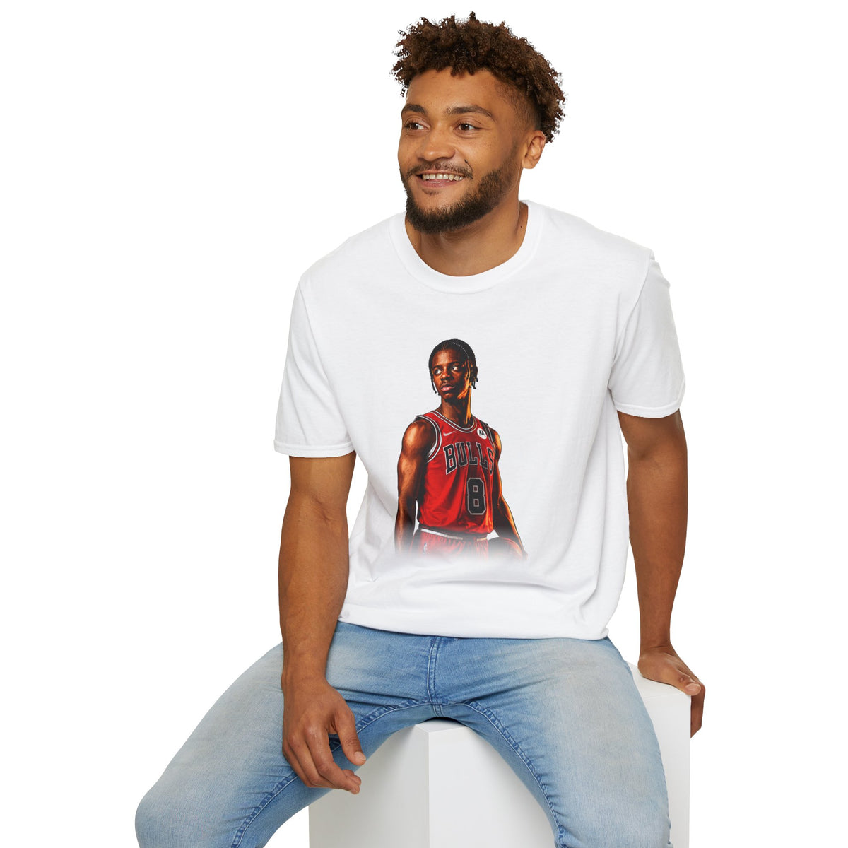 Man seated wearing the Caleb Wilson Chicago Bulls Tee in White