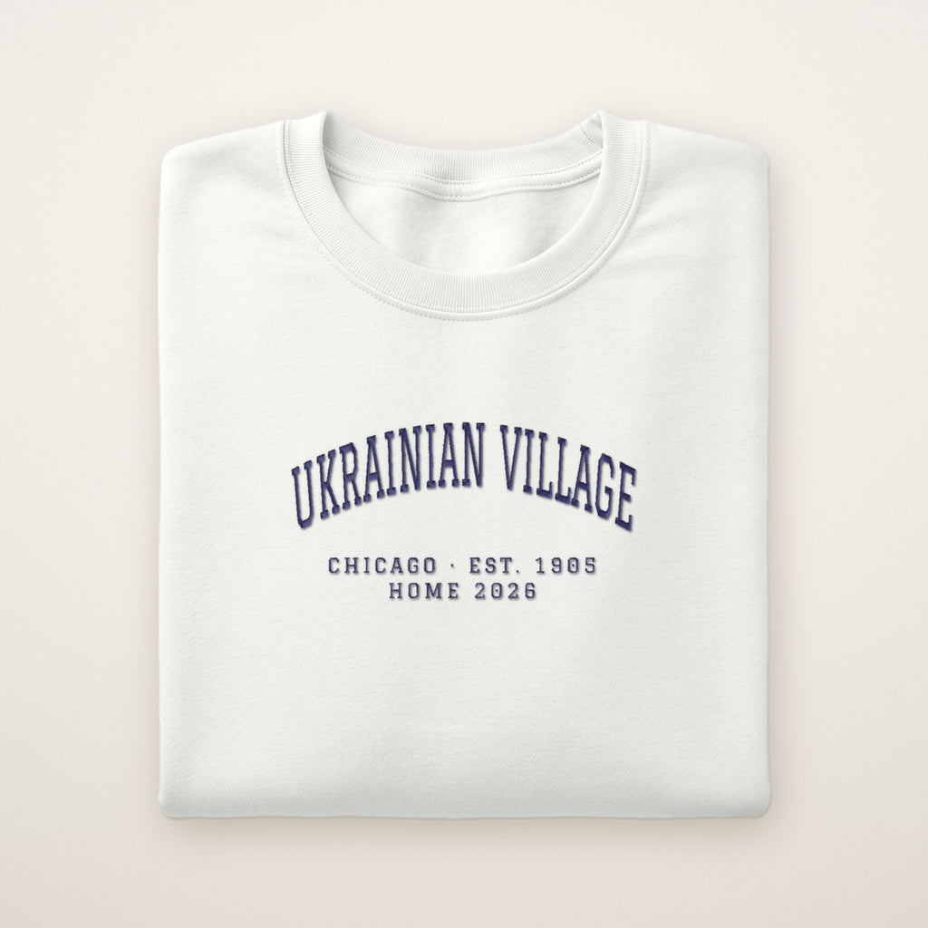 Ukrainian Village Chicago Home 2026 Embroidered Crewneck — Navy Thread