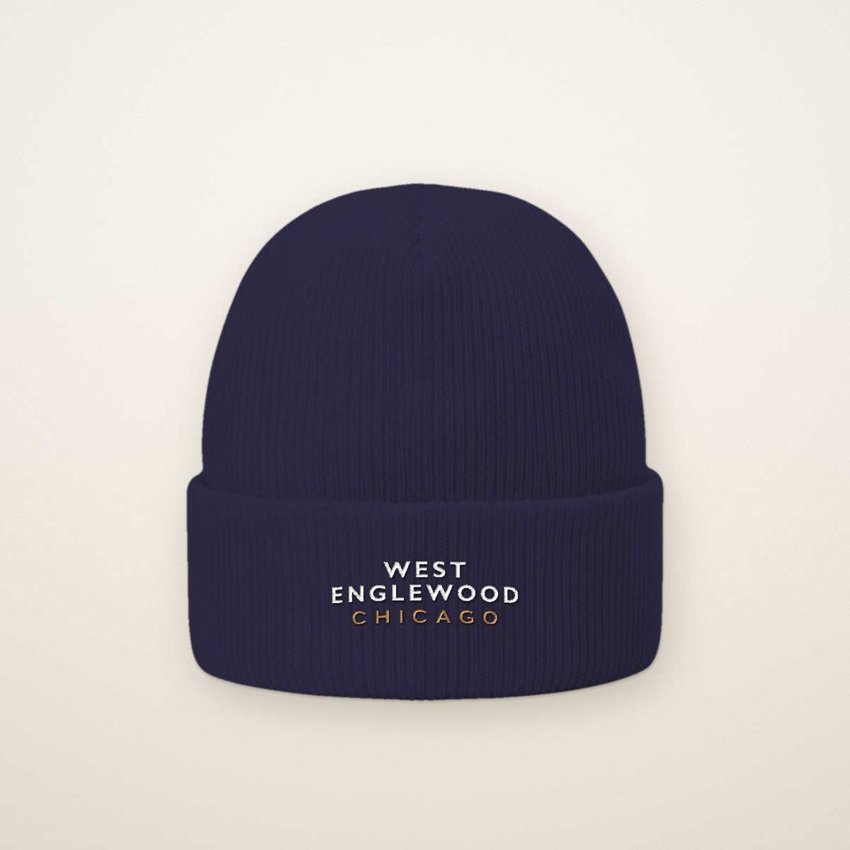 West Englewood Chicago Embroidered Cuffed Beanie — White Thread