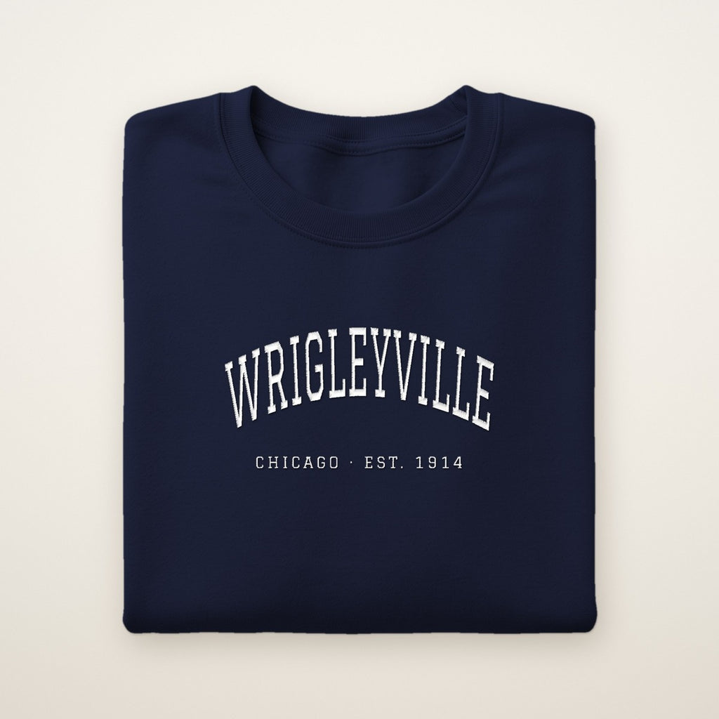 Wrigleyville Chicago Embroidered Crewneck — White Thread