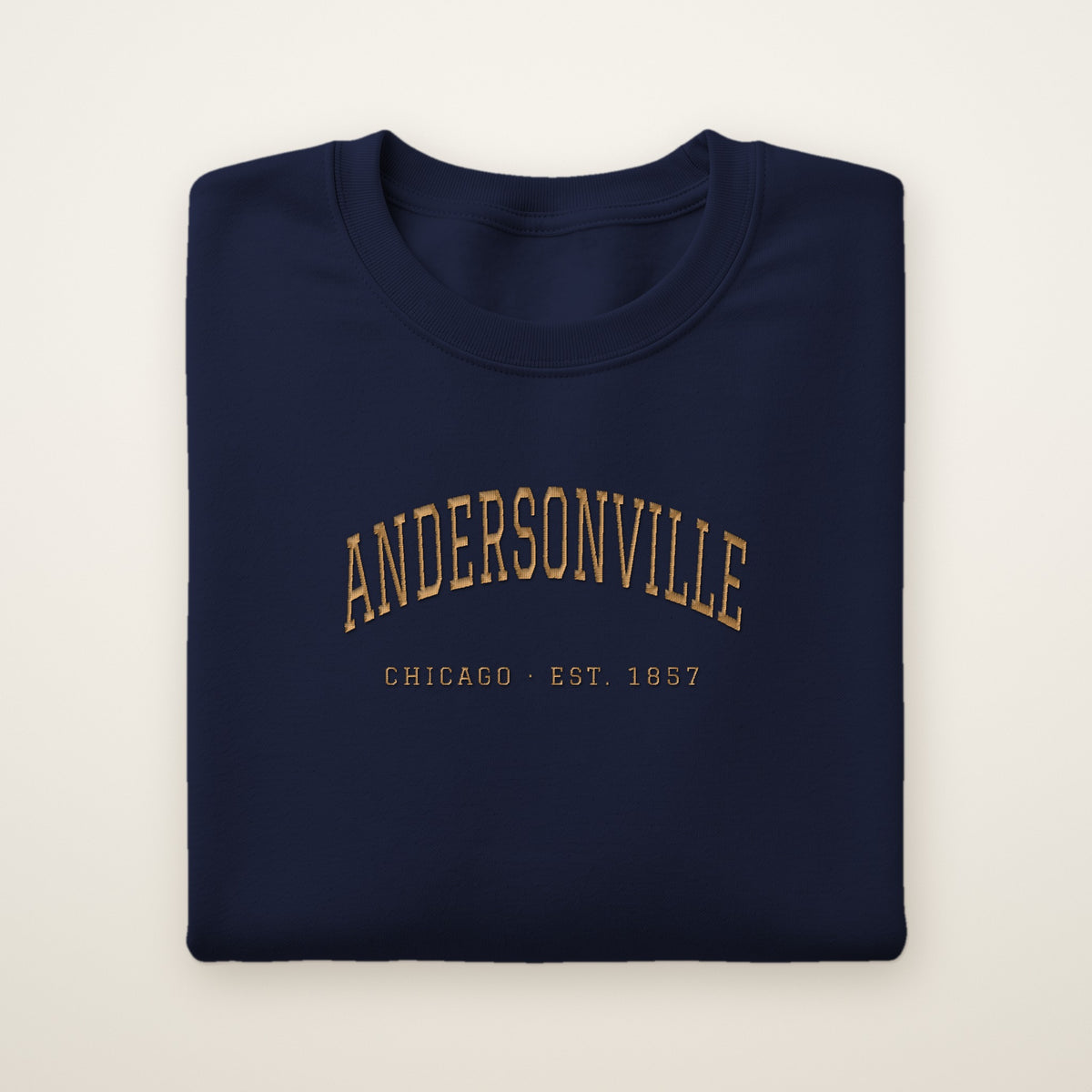 Andersonville Chicago embroidered crewneck sweatshirt, Navy, gold embroidery